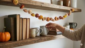 既存の棚に飾られた古い本とマグカップに、ドライフラワーのガーランドと小さなカボチャを加え、手を添えて配置を調整している様子