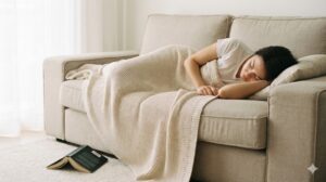 休日の午後、ソファで心地よく昼寝をしている女性と、床に置かれた読みかけの本。