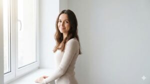 明るい窓辺で穏やかに微笑む女性、心地よい休日の朝