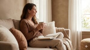 窓辺のソファで温かい飲み物を片手に、本を膝に置いてリラックスした表情で外を眺める女性。心地よいひとり時間の様子。