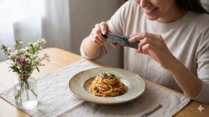 おしゃれな皿に盛ったパスタをスマートフォンで撮影する女性