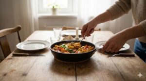 温かい雰囲気の食卓に並んだシンプルな手料理と楽しげな様子