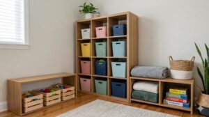 家族で共有しやすいリビング収納。色分けされたバスケットが並ぶ棚と、子供の手が届く低い位置のおもちゃ収納。