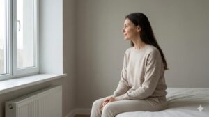 静かな部屋で穏やかな表情で窓の外を眺める女性