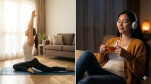 左側は朝の光の中でヨガをする女性、右側は夜にヘッドフォンで音楽を聴きながらリラックスする女性。気分や時間に合わせた異なる過ごし方の対比。