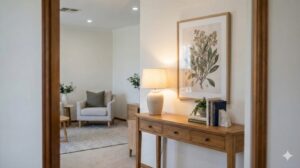 部屋に入って最初に目に入る場所（視線の先）を整えたインテリア実例。木製のコンソールテーブルにアート、間接照明、植物をバランスよく配置し、落ち着いたフォーカルポイントを作っている様子。