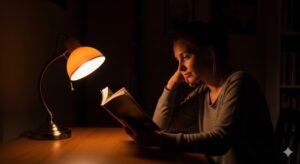暗い部屋で手元の読書灯だけを点けて本に没頭する女性の様子