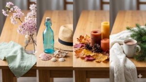 春の桜、夏の貝殻と麦わら帽子、秋の紅葉とキャンドル、冬のニットとホットドリンクが並んだ、四季を感じる小物インテリアのコラージュ