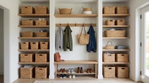 出し入れがしやすいオープン棚とカゴを使った、実用的な玄関収納の様子