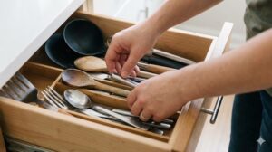 キッチンの引き出しの中の調理器具を整理する手