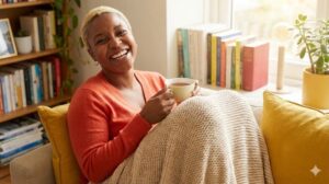 日当たりの良いリビングで、温かい飲み物を片手に幸せそうに笑う女性。心地よい家時間の結果を表している。