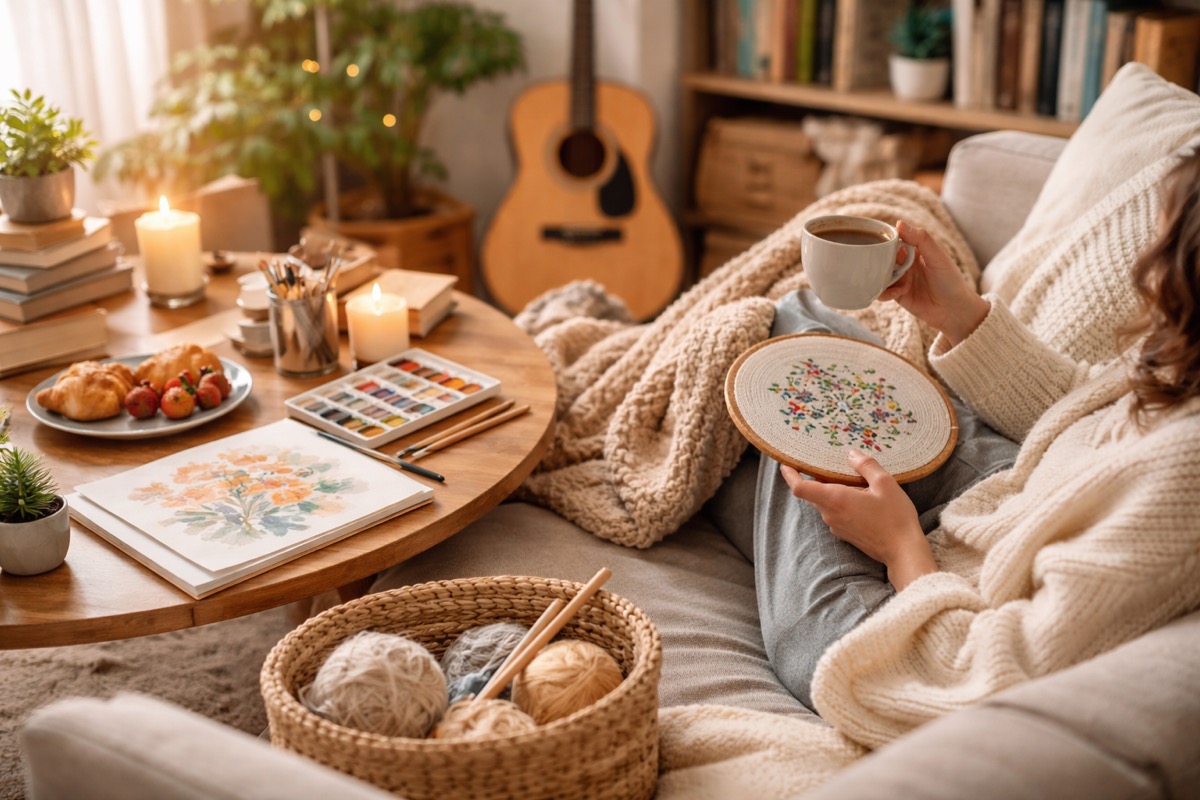 おうちで趣味を楽しむ女性のひとり時間。ソファで刺繍や水彩画をしながらリラックスして過ごす室内の様子