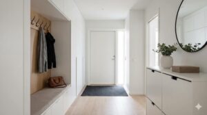 整理整頓され機能的で美しく調和した理想的な狭い玄関の全体像