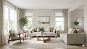 小さな調整の積み重ねで部屋が見違えるように整った理想的なリビングルーム全体図。視線の先のフォーカルポイント、統一された色使い、ゆとりのある家具配置など、記事で解説したポイントが実践された、心地よい空間の完成形。