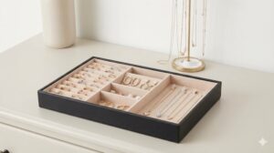 ドレッサーの上でトレーとスタンドを使って美しく整理されたアクセサリー