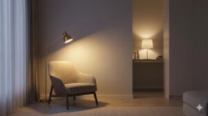 フロアランプとテーブルランプを組み合わせた、陰影のある心地よい部屋の照明配置