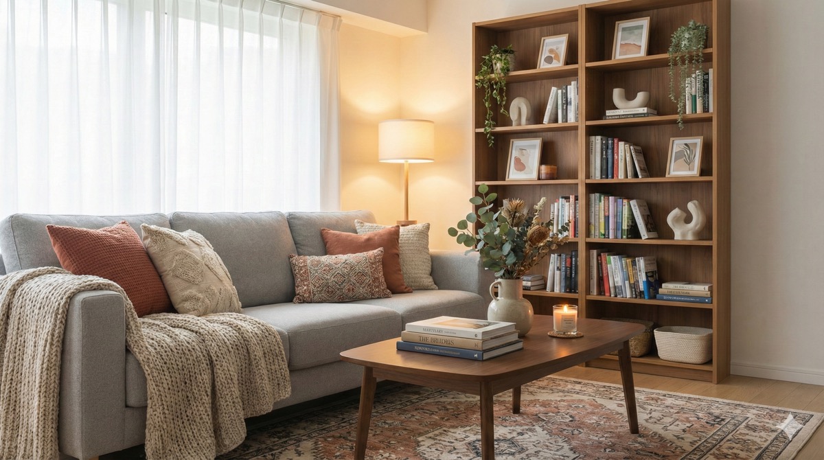 家具を買い替えなくても変わる部屋の印象。クッション、ブランケット、間接照明、観葉植物などの小物使いで、温かみのある落ち着いた雰囲気に整えられたリビングルームのインテリア実例画像。