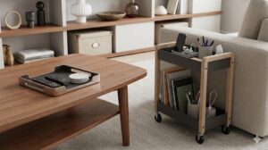 リビングの収納アイデア。コーヒーテーブルの上のリモコン用トレーと、ソファ横のキャスター付きワゴンにまとめられた文房具や充電器。