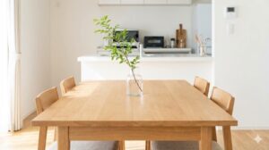 朝の光に包まれたすっきりと片付いたダイニングテーブル