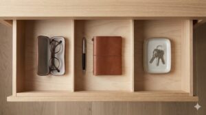 余白を持たせて最小限のアイテムが定位置に収められた、散らからない引き出しの例