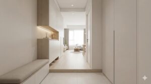 床面を広く見せ視線が奥へ抜けることで広さを感じるミニマルな玄関