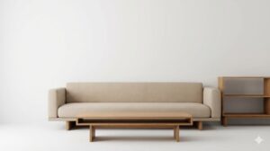 シンプルなデザインの低め家具と壁面の余白を活かしたミニマルなリビング