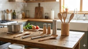 木製カウンターに並べられたシンプルなキッチンツールと温かい鍋