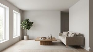 自然光が差し込む広々としたミニマリストのリビングルーム。家具の配置バランスと壁面の余白が美しく整っており、視線がスムーズに抜ける空間。