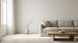 自然光が差し込む、物が少なく整然としたミニマリストのリビングルーム