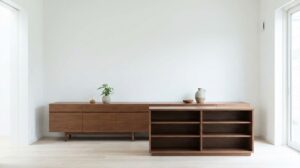 モノを厳選し余白を持たせたミニマリストなリビングの棚の写真