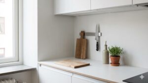 必要最低限の調理器具だけが置かれた、ミニマルですっきりとした一人暮らしのキッチンカウンター