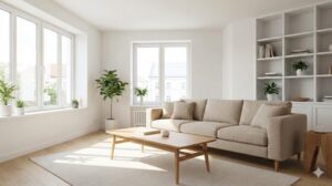 自然光が差し込む、物が少なくすっきりと片付いたミニマリストなリビングルーム