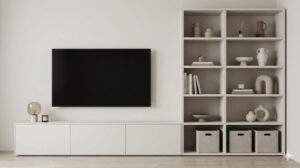 配線が隠されたミニマルなテレビボードと、雑貨やボックスがバランスよく飾られたおしゃれなオープンシェルフ。