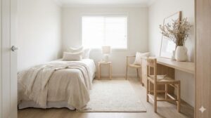 白とナチュラルカラーで統一された明るい狭い部屋