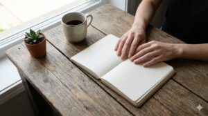 木製のテーブルの上で、空白のノートに手を添えて考え事をしている女性の手元