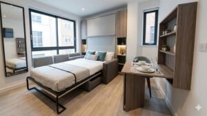 壁面収納ベッドや折りたたみ式のダイニングテーブルなど、限られた空間を有効活用する多機能な省スペース家具