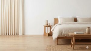 白とベージュ、明るい木の色で統一されたナチュラルな寝室