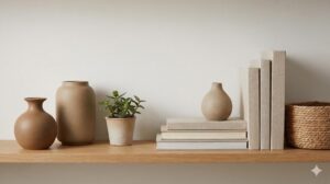 陶器の花瓶や植物、リネン装丁の本など、自然素材の雑貨を飾った木製棚