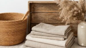 ラタンのバスケット、リネン、木箱など、自然素材の質感を活かしたインテリア小物