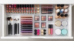 専用の仕切りケースを使って種類ごとに美しく整理されたメイク用品の引き出し収納
