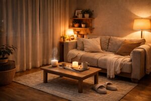 暖色の間接照明でくつろぐ一人暮らしのオフ空間