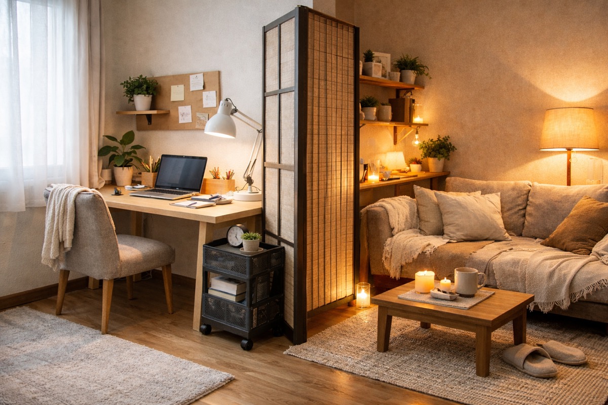 オンとオフの空間が分かれた一人暮らしのワンルーム部屋