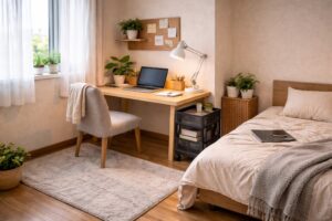 作業専用ゾーンを区切った一人暮らしのオン空間レイアウト