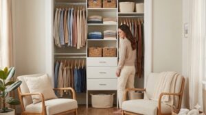 整理整頓が完了し、すっきりと使いやすく片付いたクローゼットの前で満足そうに微笑む女性