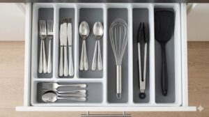 仕切りケースを使ってカトラリーや調理器具が分類され、片付けやすいキッチン引き出しの中