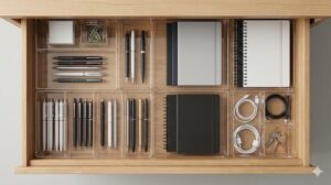 透明なアクリルケースで文房具や小物が完璧に整理整頓された木製引き出しの俯瞰写真