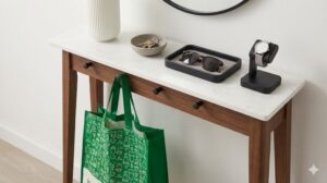 玄関のコンソールテーブルに、鍵やサングラスなどの小物が専用のトレーやスタンドに収まり、定位置が決まっている機能的な様子。