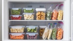 透明な保存容器や袋で整理され、中身が一目でわかる一人暮らしの冷凍庫