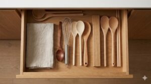 厳選されたキッチンツールが整然と並ぶ引き出しの中