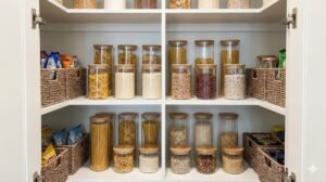 統一されたガラス容器とバスケットで美しく整理されたキッチンパントリーの棚の中